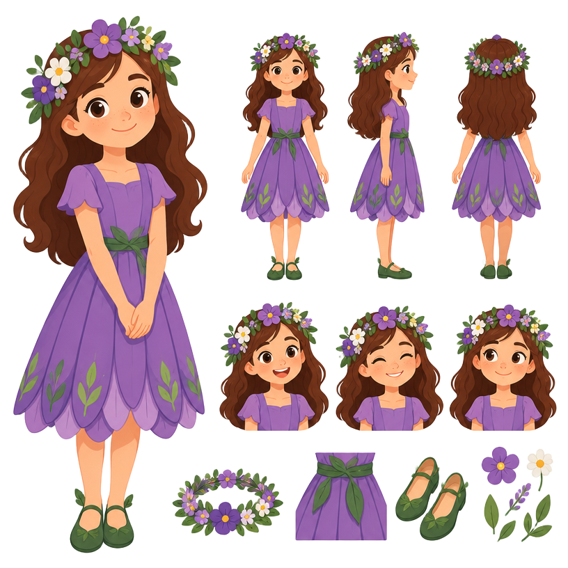 Folha de conceito da personagem Flora, com coroa de flores e vestido roxo